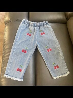 Kids Cherry-Embroidered Light Blue Denim Pants